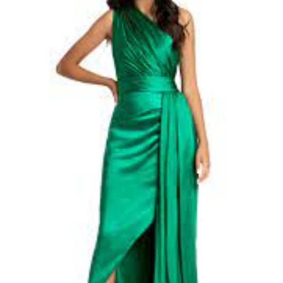 Mac Duggal Dresses & Skirts - MAC DUGGAL One-shoulder Faux Wrap Satin Gown In Emerald